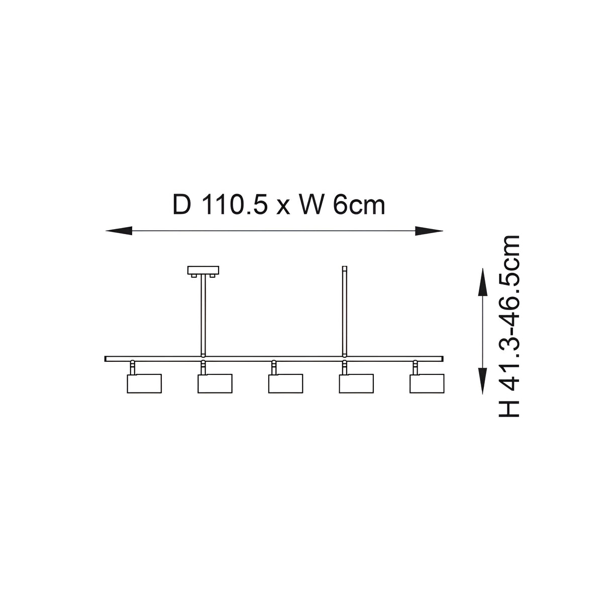 Technical line drawing of the Calder 5 Light Spotlight Bar in matt black, showing five square GU10 heads on a slim bar, D110.5 x W6cm, H41.3-46.5cm.