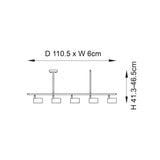 Technical line drawing of the Calder 5 Light Spotlight Bar in matt black, showing five square GU10 heads on a slim bar, D110.5 x W6cm, H41.3-46.5cm.