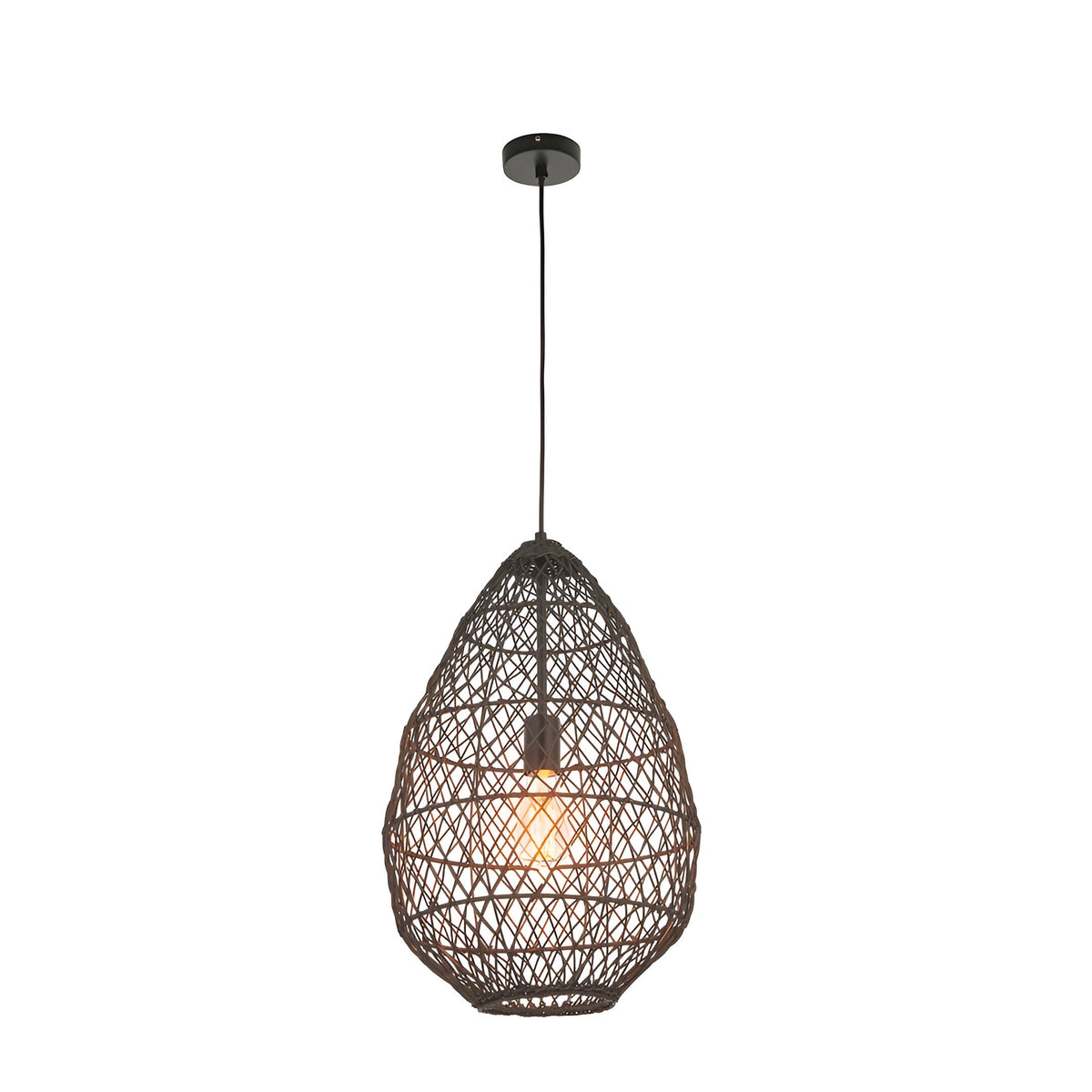 Endon Chartdale pendant light with a large teardrop-shaped open-weave black rattan shade and E27 bulb, suspended from a matt black ceiling rose.