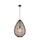 Endon Chartdale pendant light with a large teardrop-shaped open-weave black rattan shade and E27 bulb, suspended from a matt black ceiling rose.