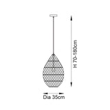 Dimension diagram of Endon Chartdale teardrop pendant light showing 35cm diameter and adjustable 70–180cm height on a white background.