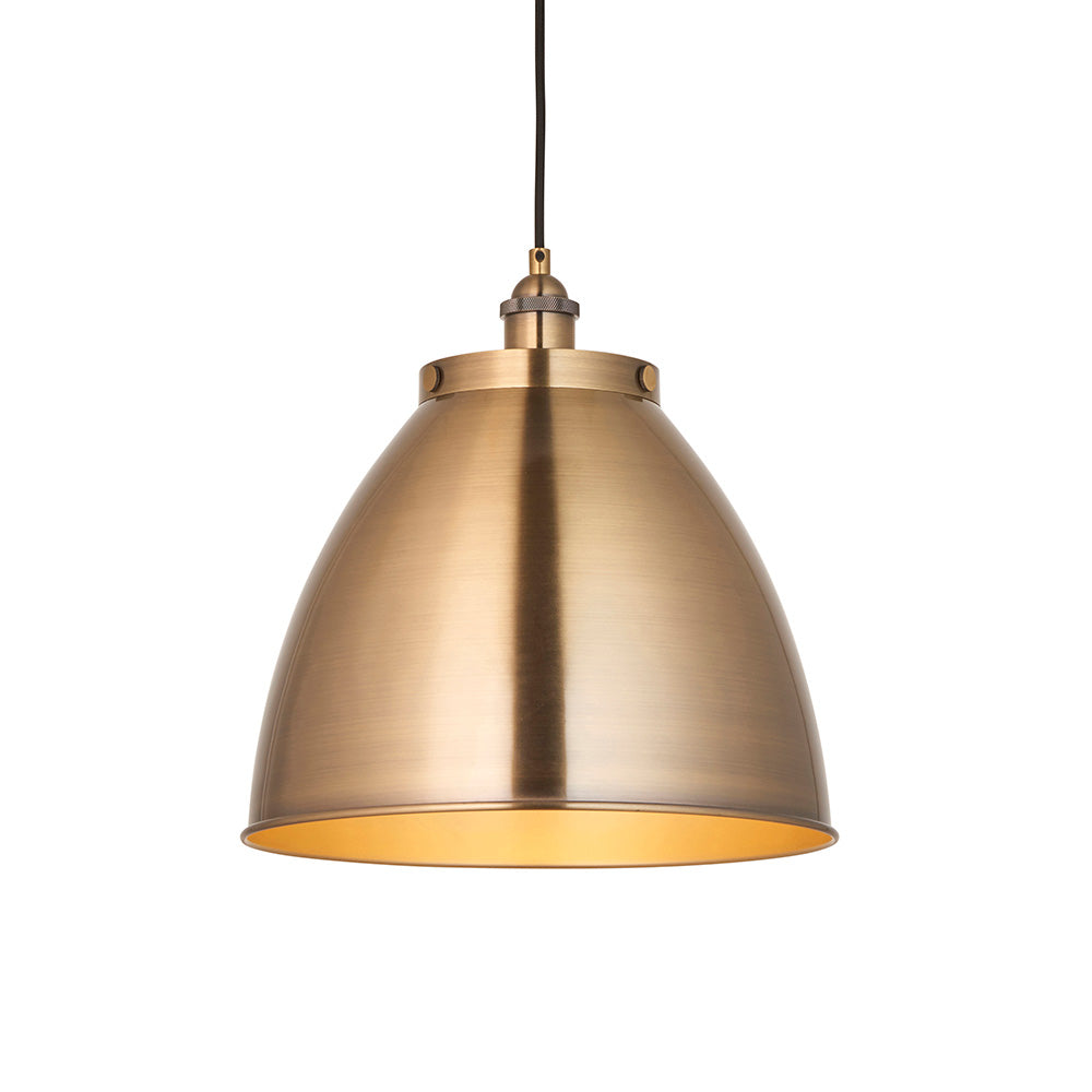 Endon Bramdale medium pendant light in antique brass, featuring a domed metal shade with rolled edge on a black flex, shown on a plain white background.