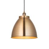 Endon Bramdale medium pendant light in antique brass, featuring a domed metal shade with rolled edge on a black flex, shown on a plain white background.