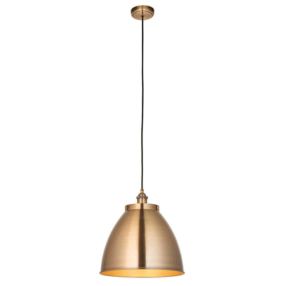 Endon Bramdale medium pendant light in antique brass, featuring a domed rolled-edge metal shade on a black fabric flex with ceiling rose, on white.