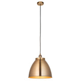 Endon Bramdale medium pendant light in antique brass, featuring a domed rolled-edge metal shade on a black fabric flex with ceiling rose, on white.