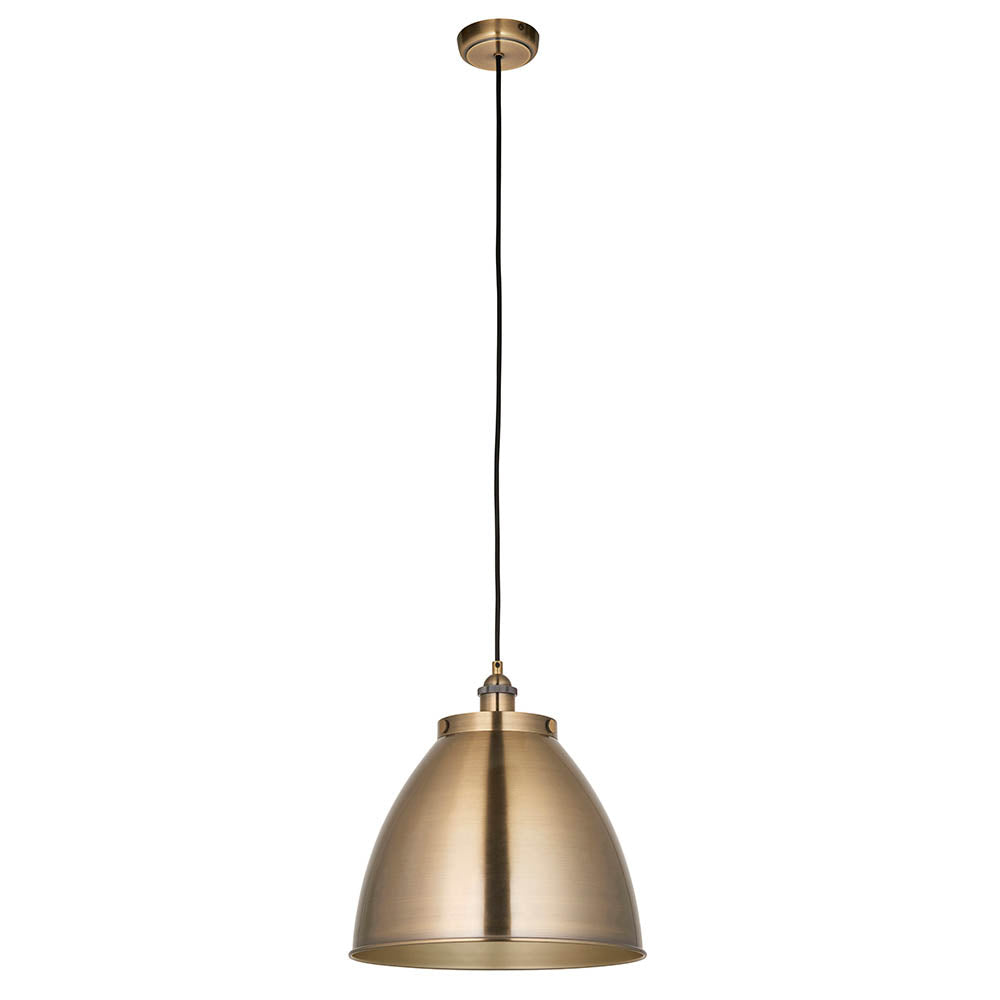 Endon Bramdale Medium Pendant in antique brass, a dome metal shade on a black fabric flex with ceiling rose, shown on a plain white background.