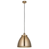 Endon Bramdale Medium Pendant in antique brass, a dome metal shade on a black fabric flex with ceiling rose, shown on a plain white background.