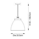 Dimension diagram of Endon Bramdale Medium Pendant showing 33.5cm shade diameter and adjustable height of 40–156.5cm on a plain background.
