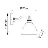 Endon Bramdale brass wall light dimensions diagram showing 19.7cm height, 25cm depth projection and 15cm shade width on a plain background.