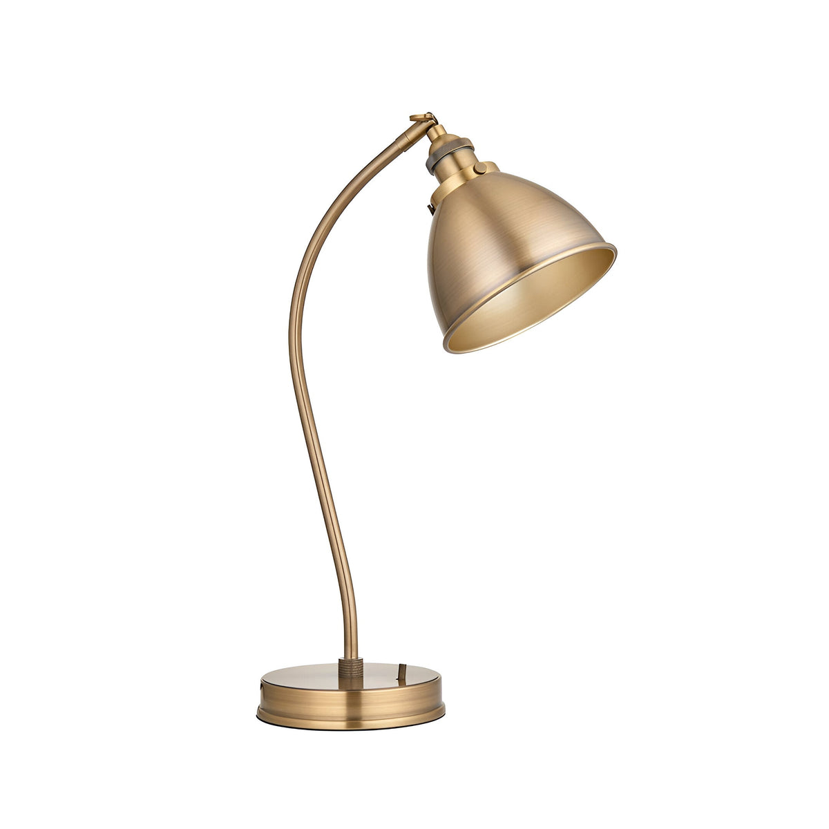 Endon Bramdale industrial table lamp in antique brass with adjustable domed shade, curved arm and round base on a plain white background.