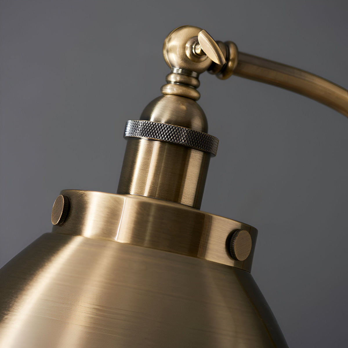 Close-up of the Endon Bramdale floor lamp's adjustable brass head, knurled collar, and rolled edge metal shade with visible fixing screws.