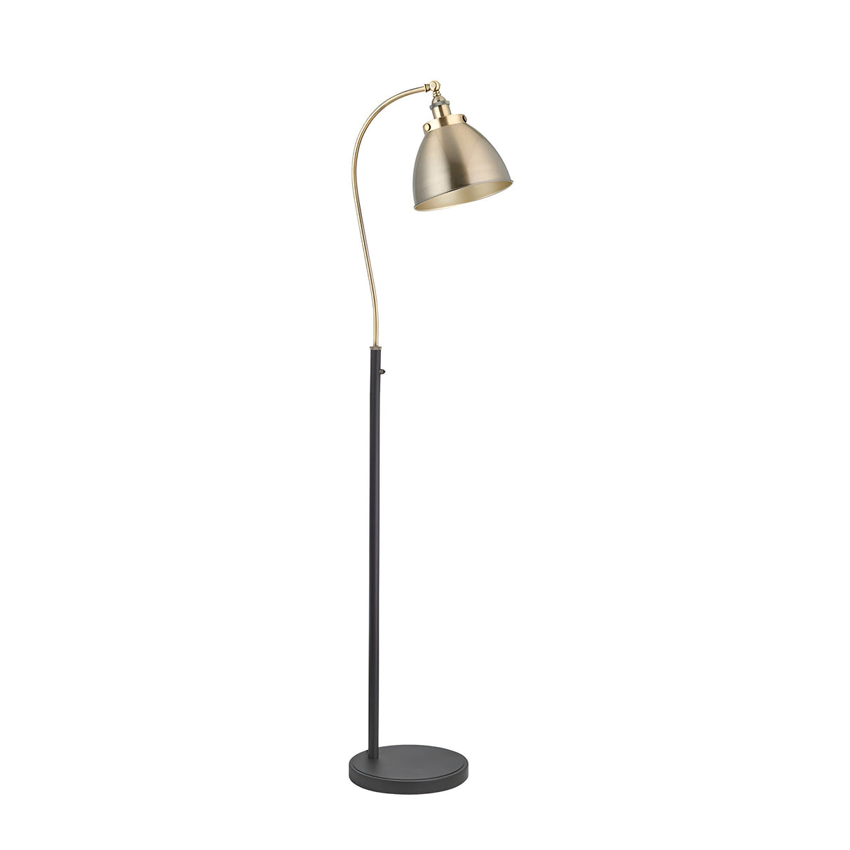 Endon Bramdale industrial floor lamp with adjustable antique brass metal shade, curved arm and matt black stem on a round base, shown on white.