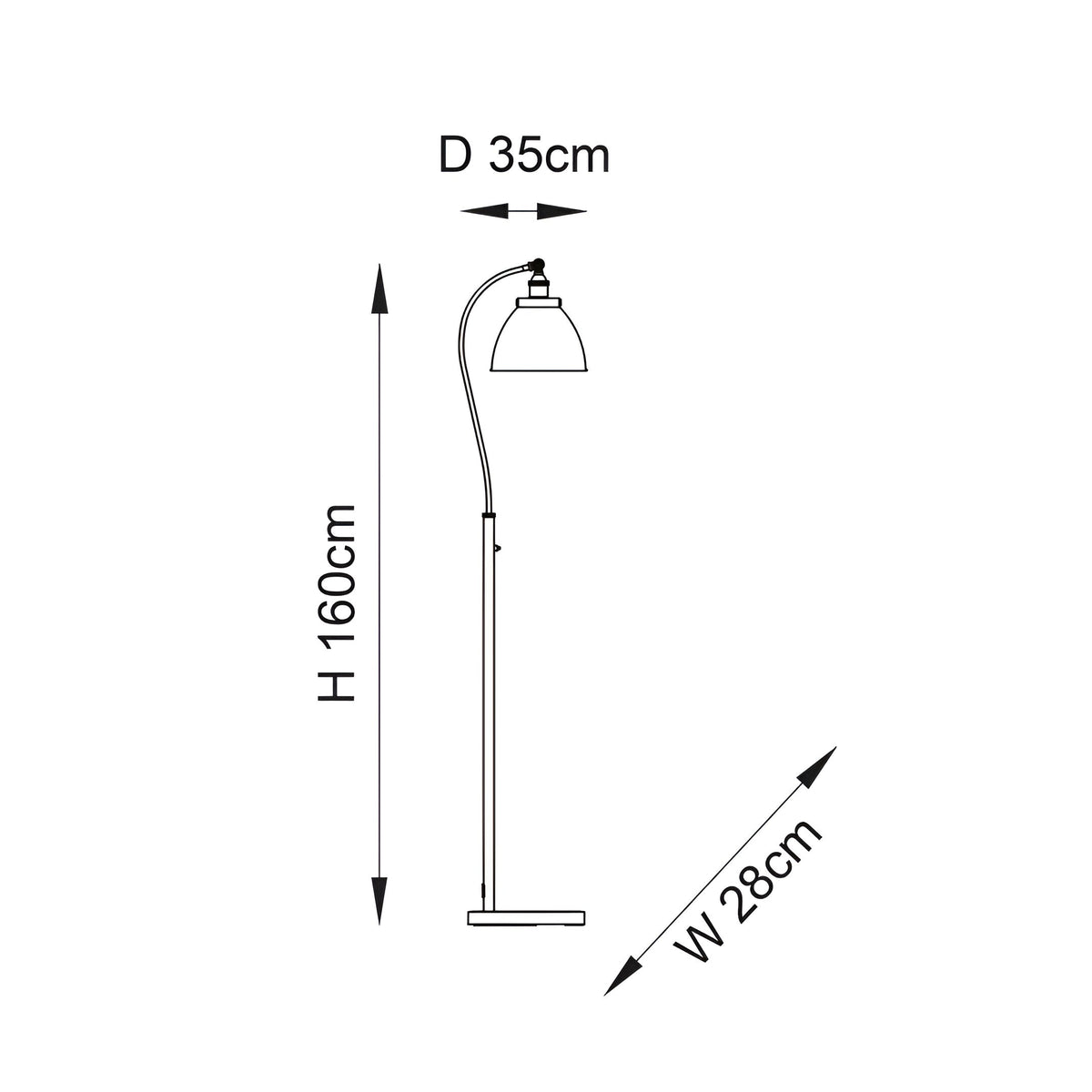 Dimension diagram of the Endon Bramdale floor lamp showing 160cm height, 28cm width and 35cm depth with an adjustable arched arm and dome shade.