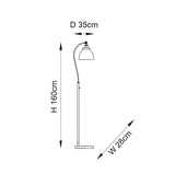 Dimension diagram of the Endon Bramdale floor lamp showing 160cm height, 28cm width and 35cm depth with an adjustable arched arm and dome shade.