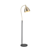 Endon Bramdale industrial floor lamp with adjustable antique brass dome shade, arched neck, and matt black stem on a round base, shown on white.