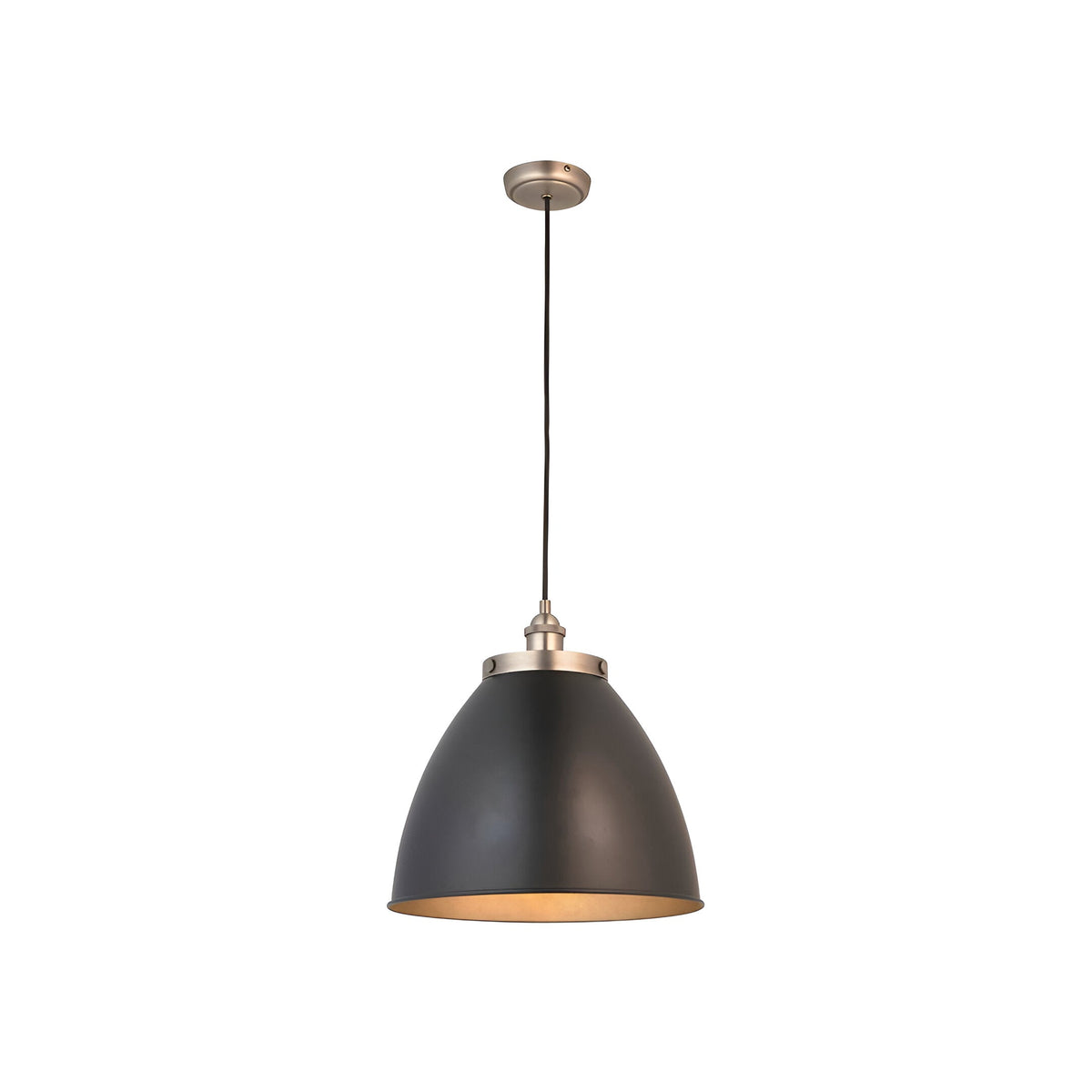 Endon Bramdale medium pendant light with a matt black rolled-edge metal dome shade, aged pewter detailing and inner, on a black flex against a white background.