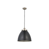 Endon Bramdale medium pendant light with rolled-edge matt black metal shade, aged pewter detailing, and black fabric flex on a plain background.