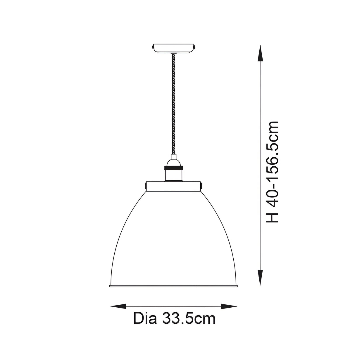 Technical line drawing of the Endon Bramdale medium pendant showing 33.5cm shade diameter and adjustable 40–156.5cm drop height.
