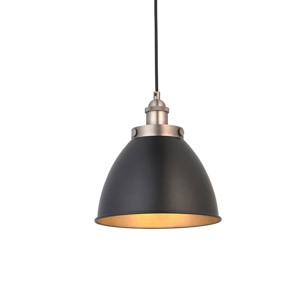 Endon Bramdale small pendant light with a matt black rolled-edge metal shade, aged pewter detailing and inner, on a black flex against a white background.