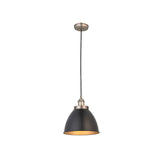 Endon Bramdale small pendant light with a matt black rolled-edge metal shade, aged pewter detailing and inner, on a black flex, shown on white.