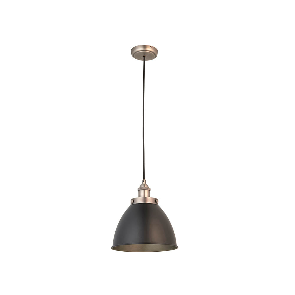 Endon Bramdale small pendant light with a matt black rolled-edge metal shade, aged pewter detailing and black fabric flex, on a white background.