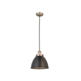 Endon Bramdale small pendant light with a matt black rolled-edge metal shade, aged pewter detailing and black fabric flex, on a white background.