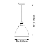 Endon Bramdale Small Pendant dimension diagram showing 23.5cm diameter dome shade and adjustable height of 40-146cm on a suspended flex.