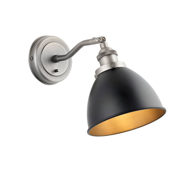 Endon Bramdale industrial wall light with adjustable knuckle, aged pewter bracket and matt black dome shade, shown on a plain white background.