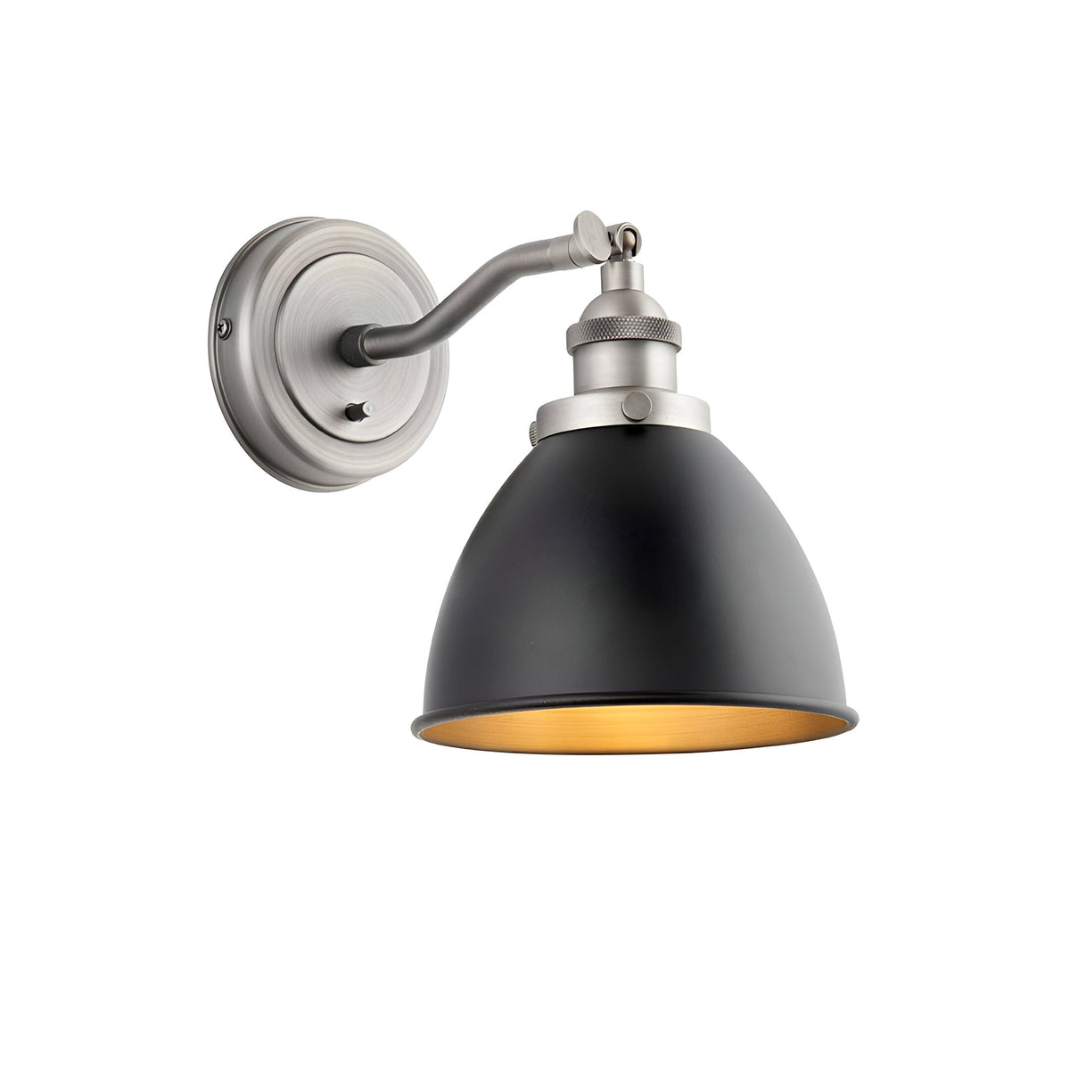 Endon Bramdale adjustable wall light with matt black dome shade and aged pewter bracket, knuckle joint and toggle switch, on a plain white background.