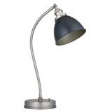 Endon Bramdale table lamp with curved silver metal stem, adjustable matt black domed shade, toggle switch and round base, on a white background.