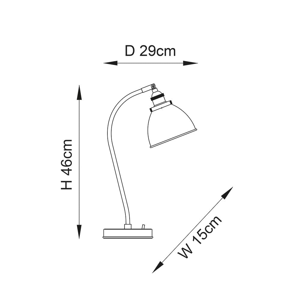 Endon Bramdale table lamp dimension diagram showing 460mm height, 150mm width and 290mm depth for the silver and black adjustable metal design.