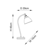 Endon Bramdale table lamp dimension diagram showing 460mm height, 150mm width and 290mm depth for the silver and black adjustable metal design.