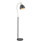 Bramdale Floor Lamp with curved black stem, round base, and adjustable black metal shade on a silver arched arm, industrial style on a white background.