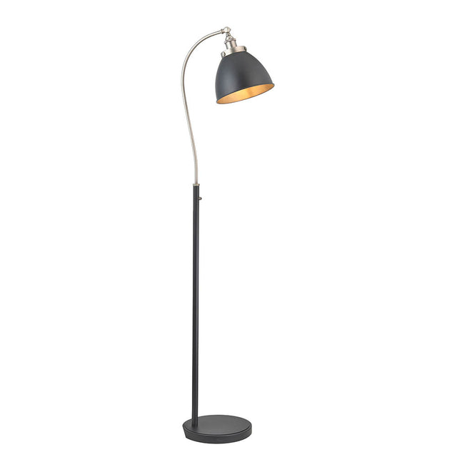 Bramdale Floor Lamp with curved black stem, round base, and adjustable black metal shade on a silver arched arm, industrial style on a white background.