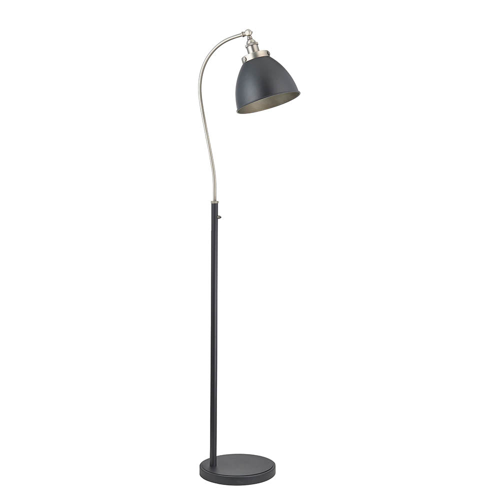 Bramdale Floor Lamp with adjustable curved arm, black dome shade and round base, silver accents, industrial style, on a plain white background.
