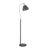 Bramdale Floor Lamp with adjustable curved arm, black dome shade and round base, silver accents, industrial style, on a plain white background.