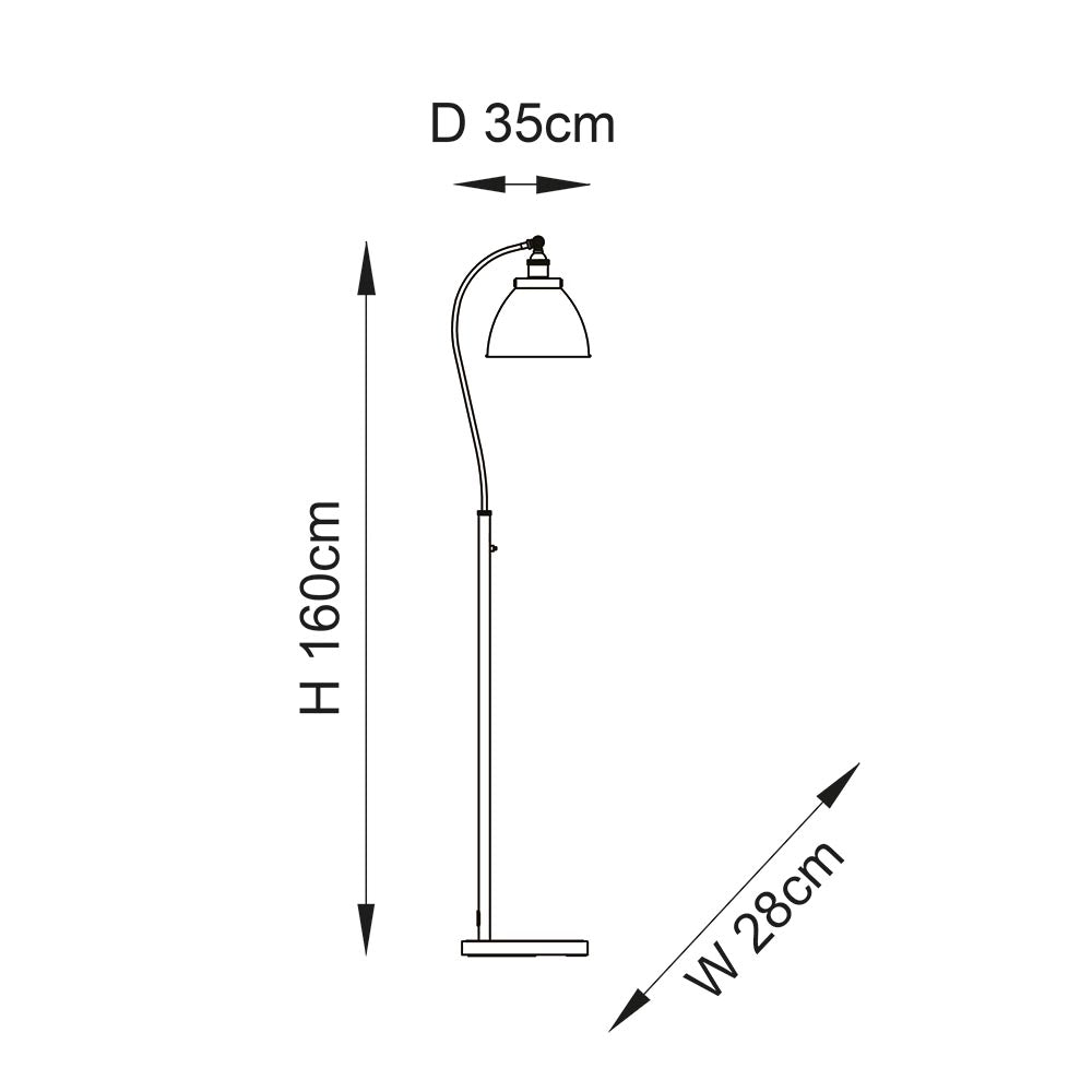 Technical line drawing of the Bramdale Floor Lamp in silver and black with adjustable curved arm, dome shade, and flat base, H160cm D35cm W28cm.