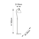 Technical line drawing of the Bramdale Floor Lamp in silver and black with adjustable curved arm, dome shade, and flat base, H160cm D35cm W28cm.