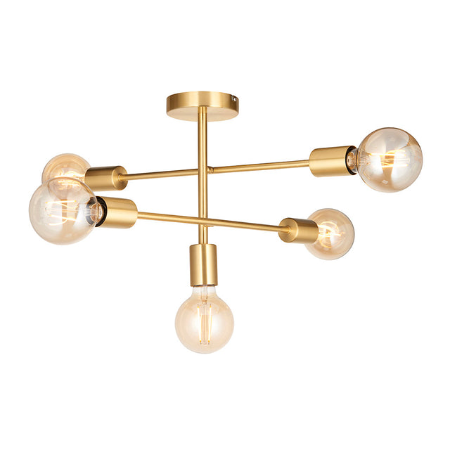 Endon Marlowe 5 light semi-flush ceiling light in satin brass, with five arms extending to E27 globe bulbs, shown on a white background.