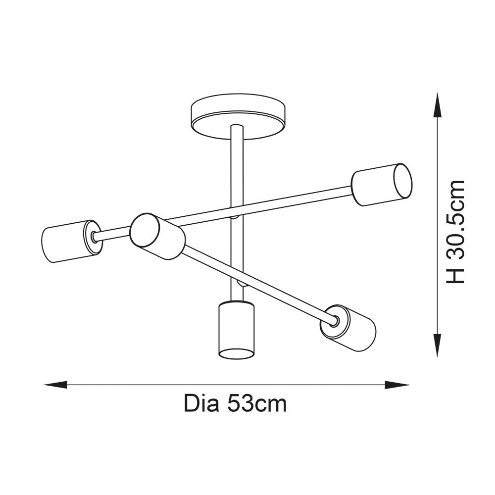 Endon Marlowe 5 Light Semi-Flush Ceiling Light dimension diagram showing 53cm diameter and 30.5cm height with five E27 lamp holders on crossed arms.