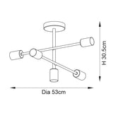 Endon Marlowe 5 Light Semi-Flush Ceiling Light dimension diagram showing 53cm diameter and 30.5cm height with five E27 lamp holders on crossed arms.
