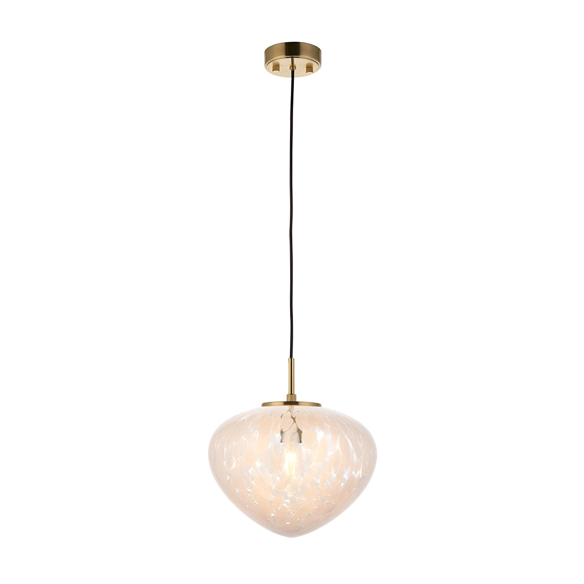 Calloway Pendant in brass and white, single-light fixture with a domed confetti-effect glass shade on a satin brass ceiling rose and cord.