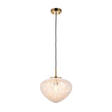 Calloway Pendant in brass and white, single-light fixture with a domed confetti-effect glass shade on a satin brass ceiling rose and cord.