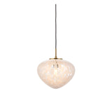 Calloway Pendant in Brass & White, a single-light fixture with a rounded confetti-effect glass shade on a satin brass mount, shown lit on white.