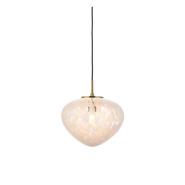 Calloway Pendant in Brass & White, a single-light fixture with a rounded confetti-effect glass shade on a satin brass mount, shown lit on white.