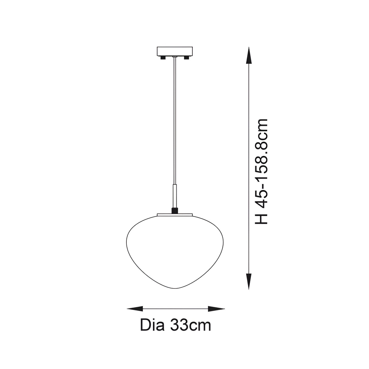 Line drawing of the Calloway pendant light showing a rounded white glass shade on a brass rod, with height 45-158.8cm and 33cm diameter.