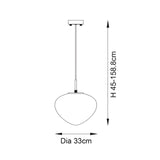Line drawing of the Calloway pendant light showing a rounded white glass shade on a brass rod, with height 45-158.8cm and 33cm diameter.