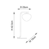Dimension diagram of the Endon Calloway table lamp showing 42.3cm height, 23cm depth, and 15cm width on a plain white background.