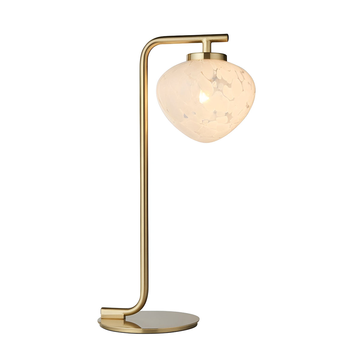 Endon Calloway table lamp in satin brass with a slim upright arm and white confetti blown glass shade on a round base, plain white background.