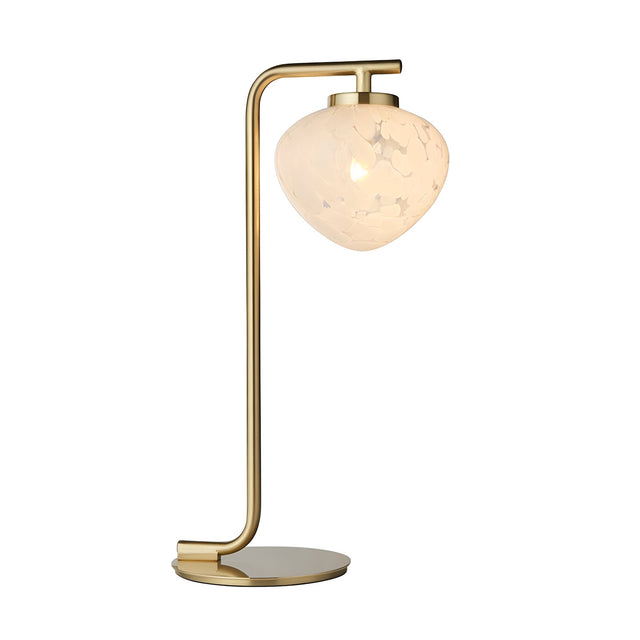 Endon Calloway table lamp in satin brass with a slim upright arm and white confetti blown glass shade on a round base, plain white background.
